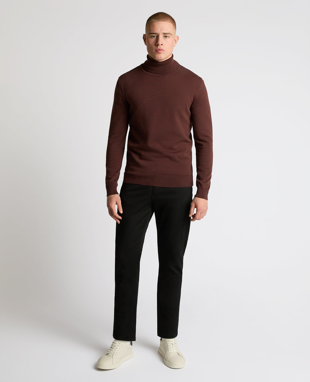 Man wearing a brown Roll Neck Cotton Sweater