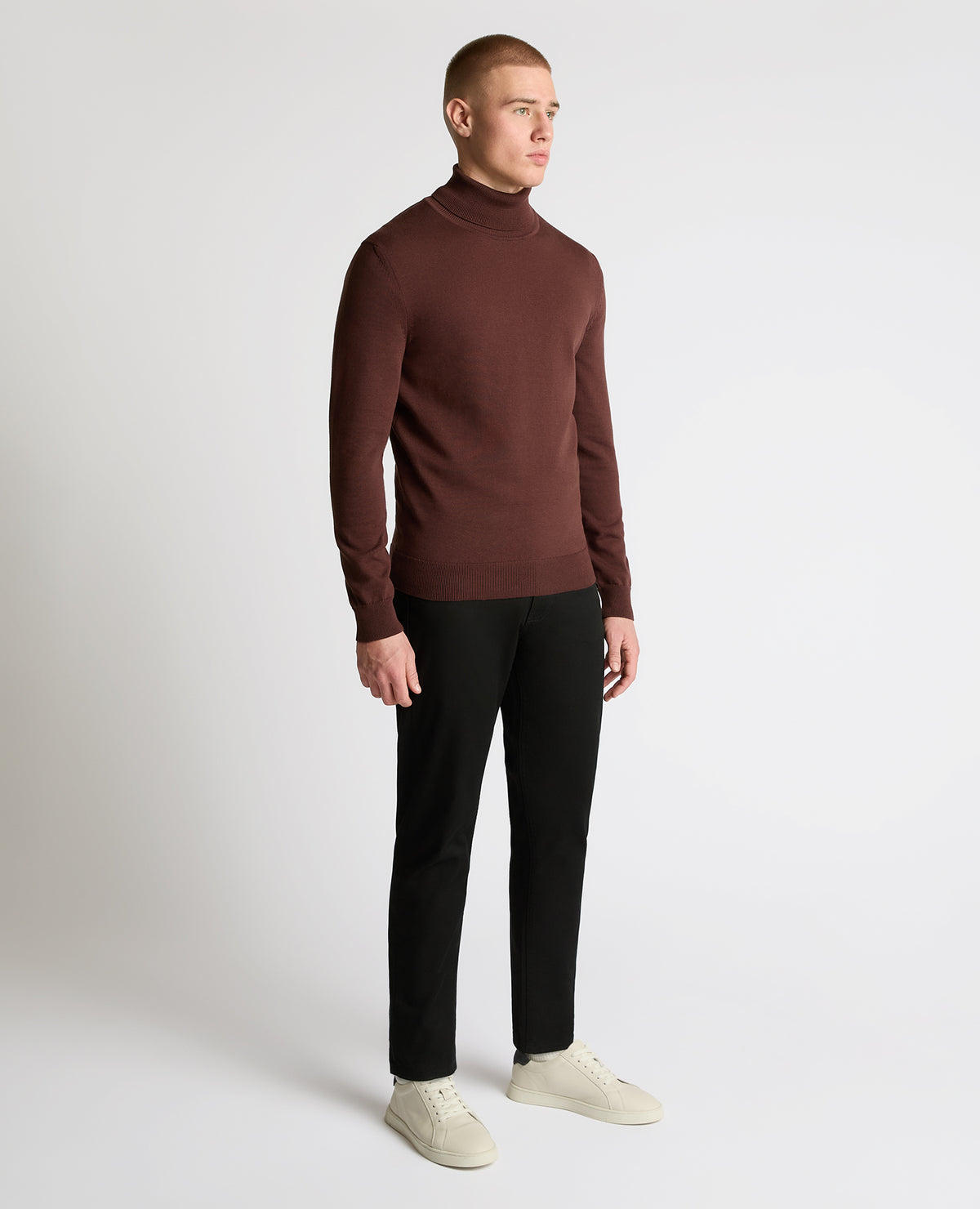 Man wearing a brown Roll Neck Cotton Sweater