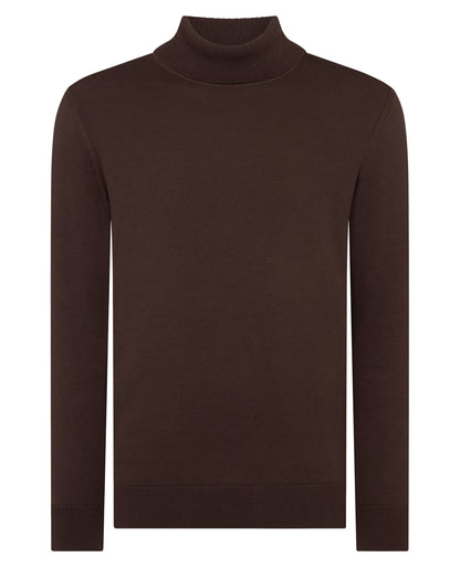 Man wearing a brown Tapered Fit Roll Neck Sweater