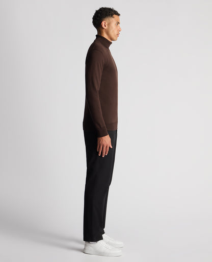 Man wearing a brown Tapered Fit Roll Neck Sweater
