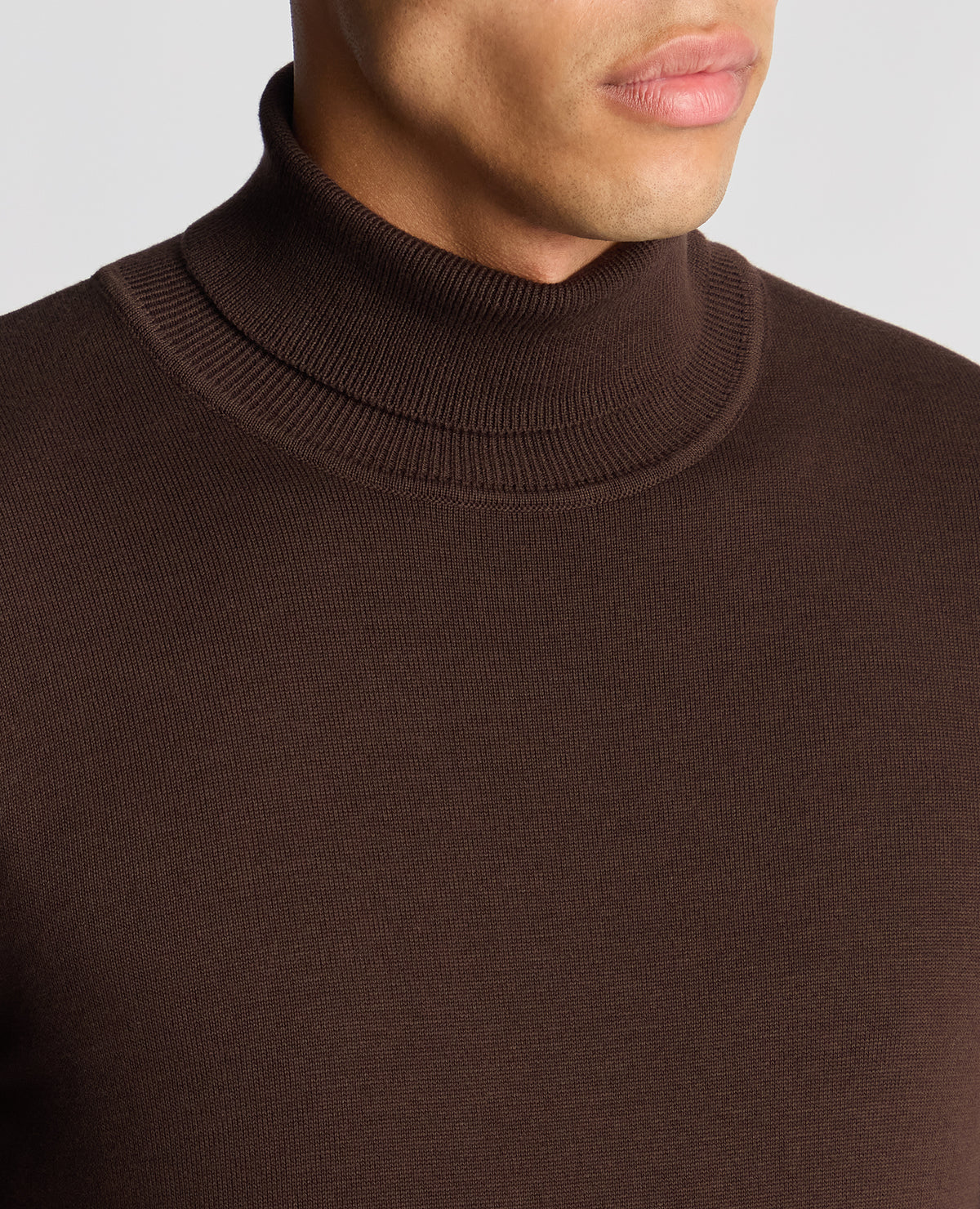Man wearing a brown Tapered Fit Roll Neck Sweater