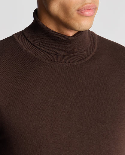 Man wearing a brown Tapered Fit Roll Neck Sweater