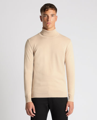 Man wearing a sand Tapered Fit Roll Neck Sweater