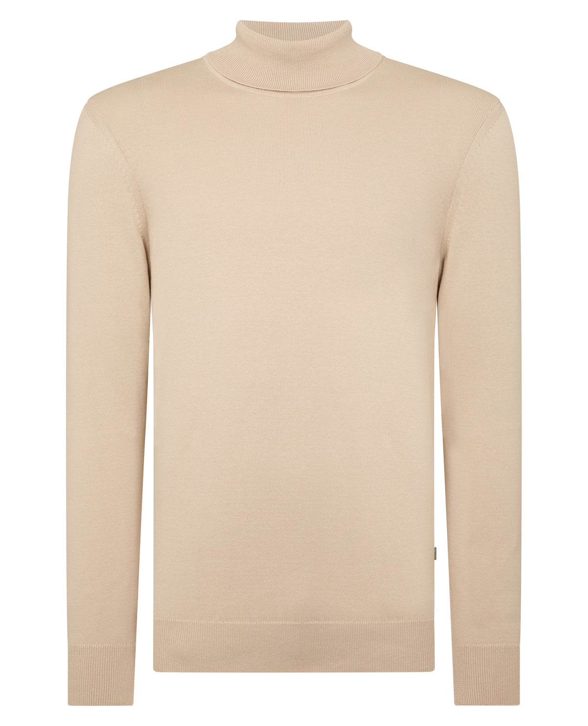Man wearing a sand Tapered Fit Roll Neck Sweater