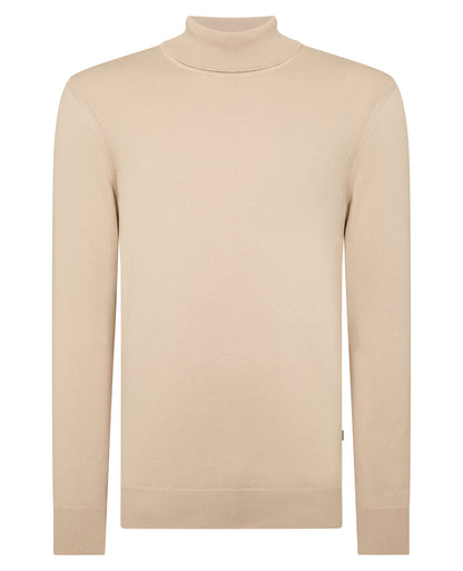 Man wearing a sand Tapered Fit Roll Neck Sweater