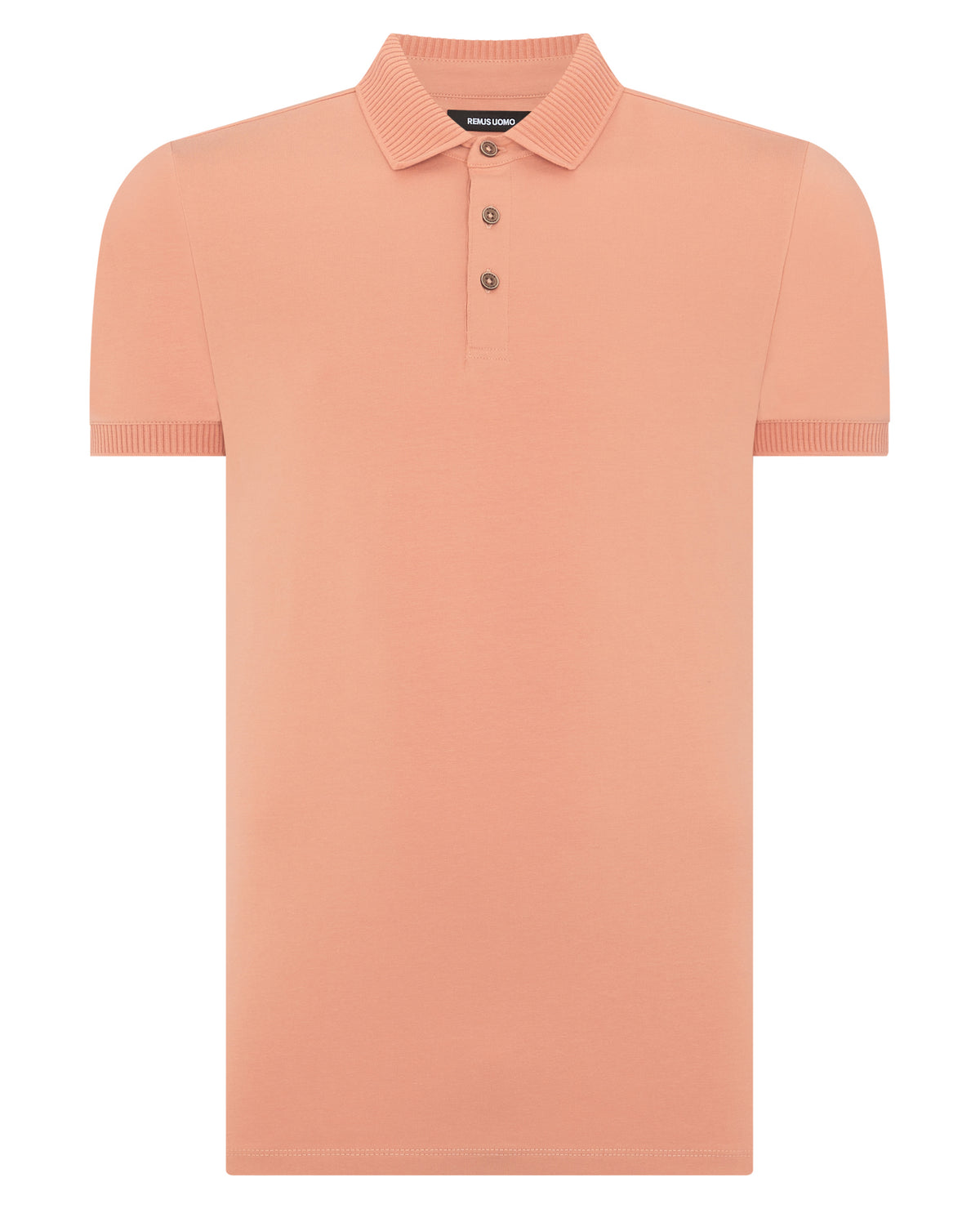 Man wearing a red Tapered Fit Cotton-Stretch Polo Shirt