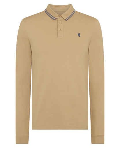 Man wearing a sand Slim Fit Cotton-Stretch Pique Polo Shirt