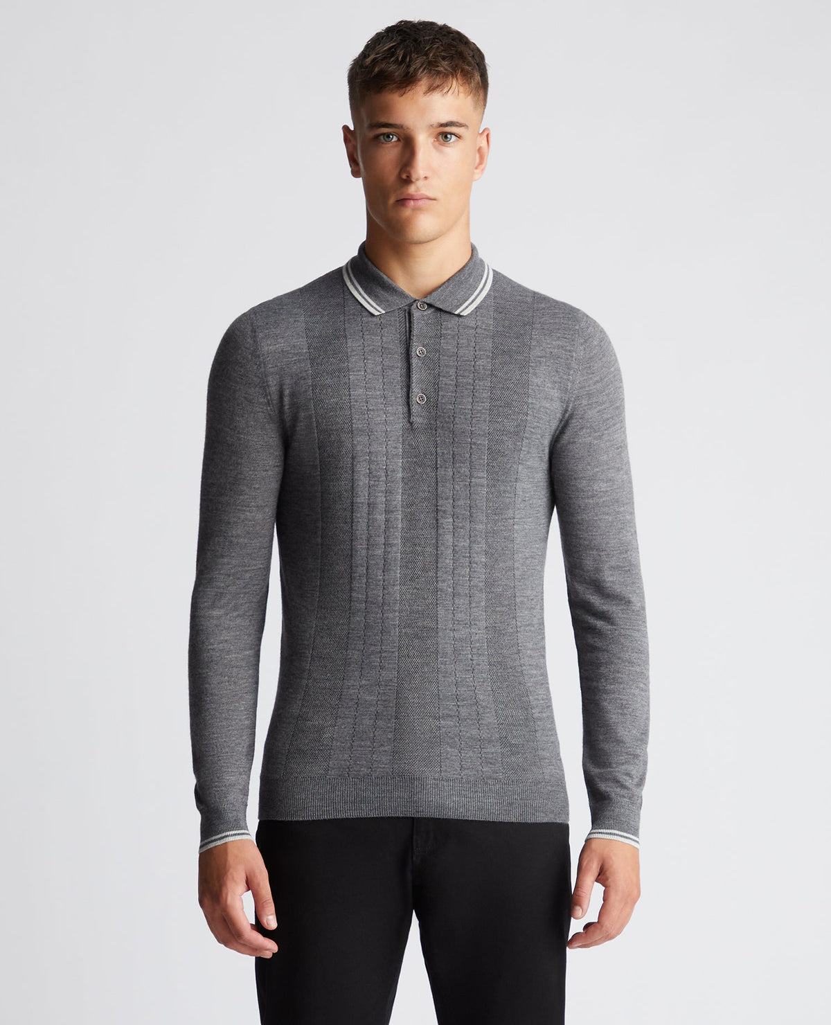 Man wearing a grey Slim Fit Merino Wool Knitted Polo