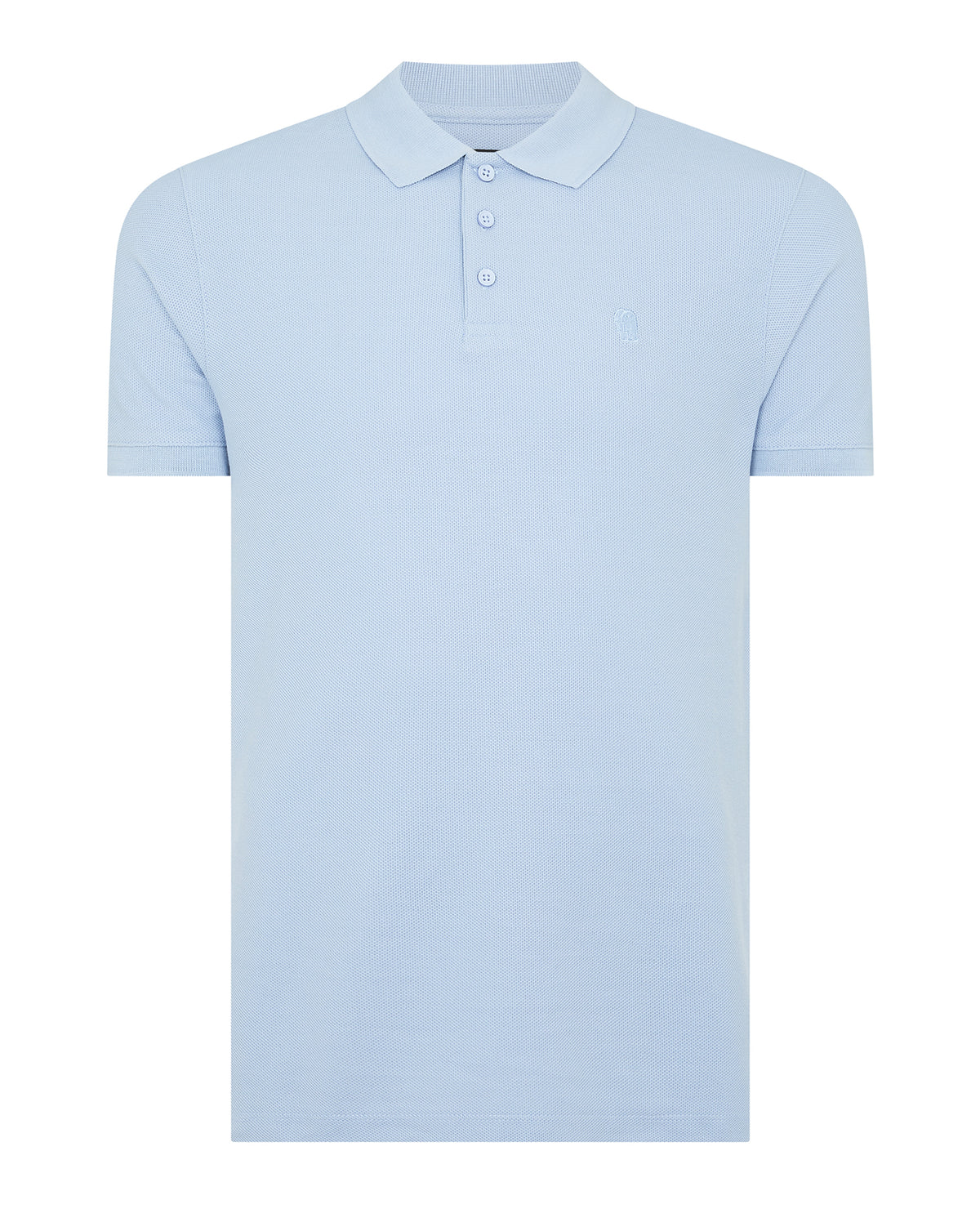 Man wearing a blue Tapered Fit Cotton Pique Polo Shirt