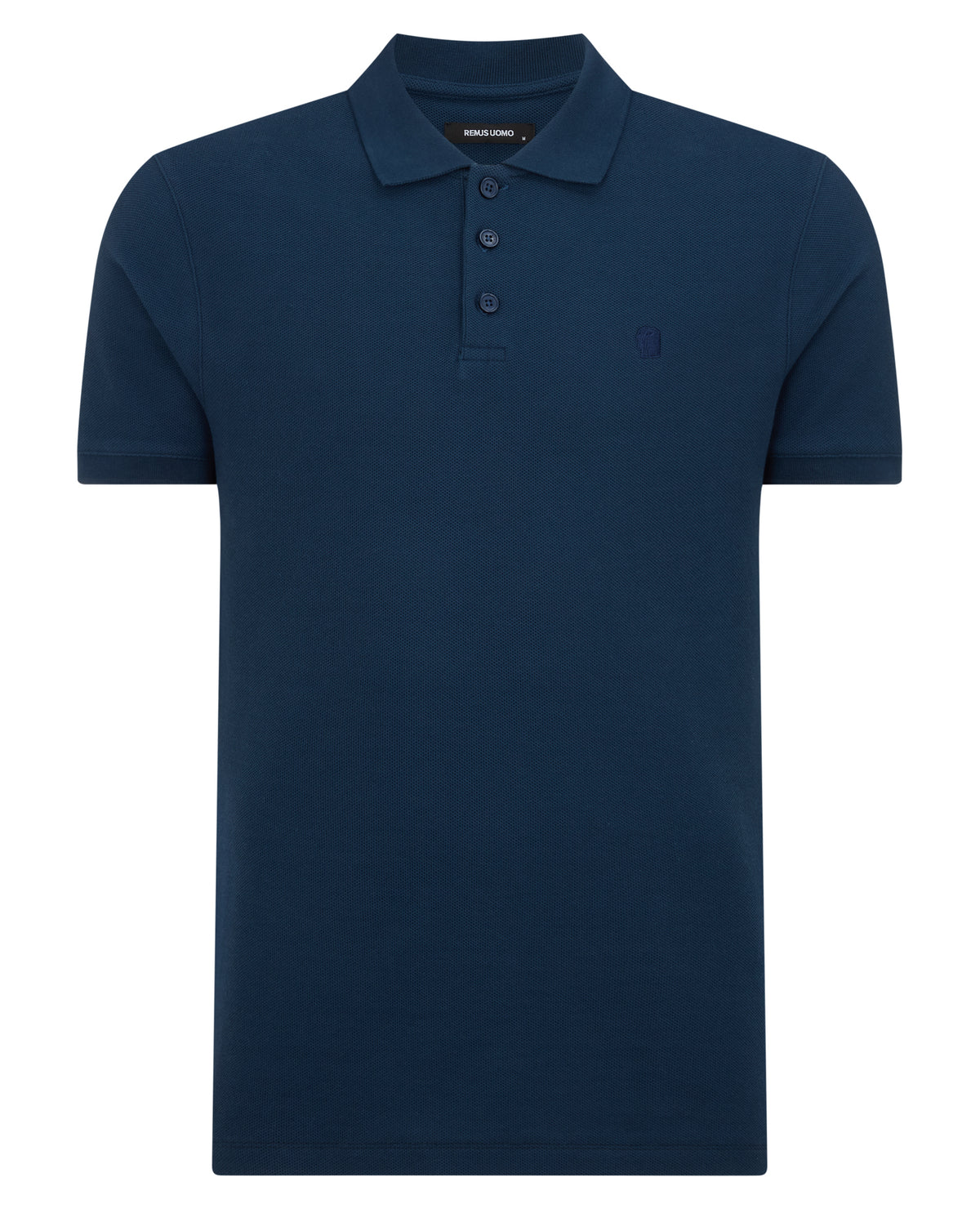 Man wearing a blue Tapered Fit Cotton Pique Polo Shirt