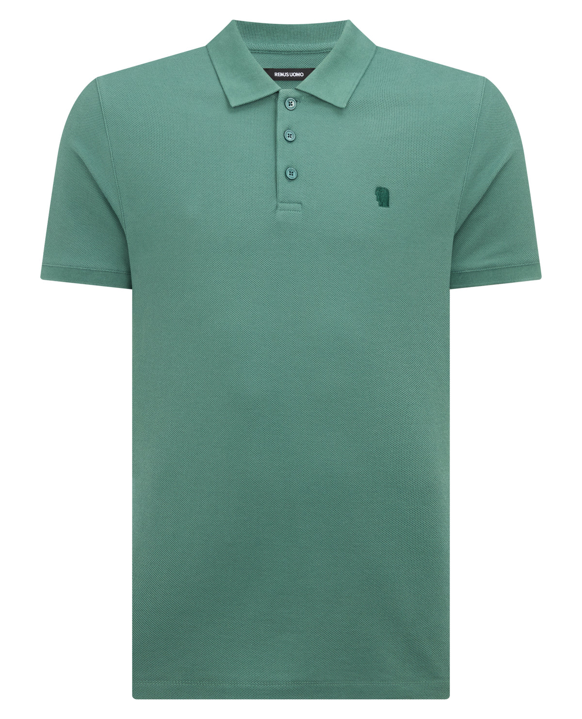 Man wearing a green Tapered Fit Cotton Pique Polo Shirt