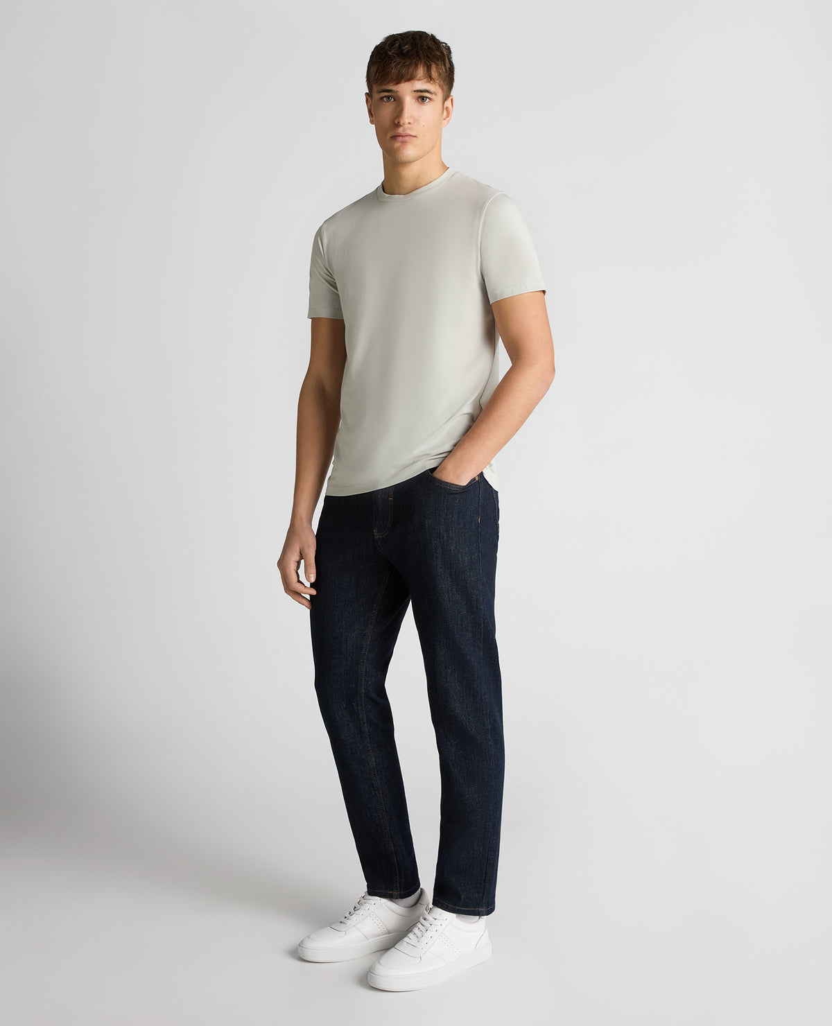Man wearing a grey Relaxed Fit Crew Neck Tencel T-Shirt