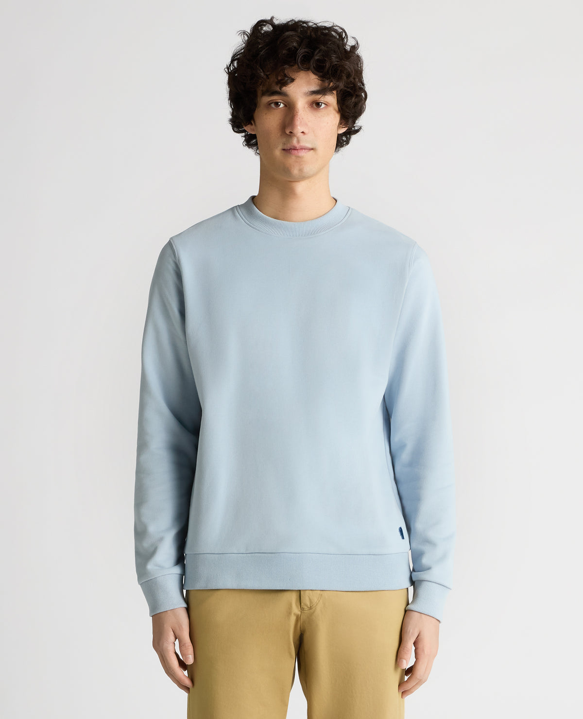 Man wearing a blue Tapered Fit Soft Touch Cotton-Blend Sweatshirt