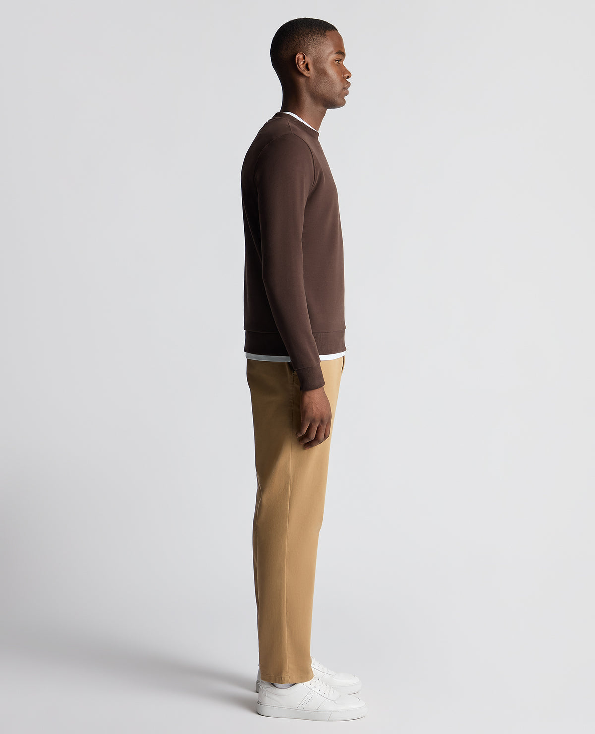 Man wearing a brown Tapered Fit Soft Touch Cotton-Blend Sweatshirt