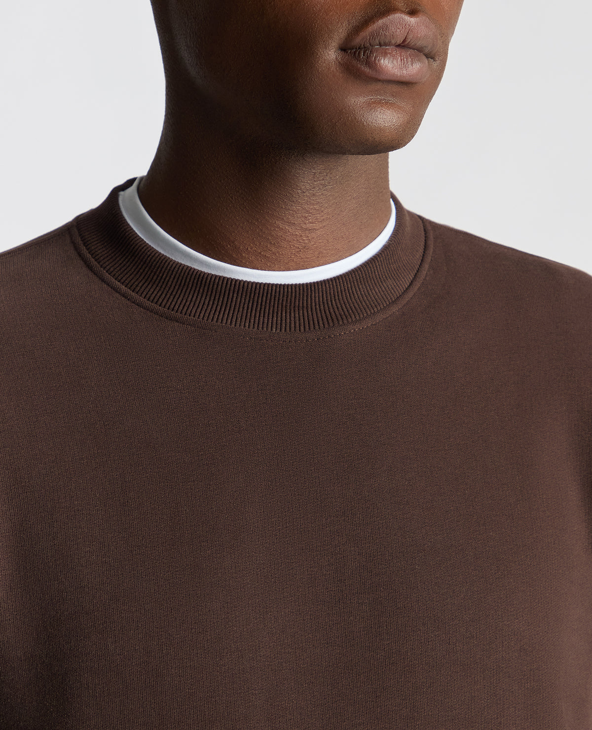 Man wearing a brown Tapered Fit Soft Touch Cotton-Blend Sweatshirt