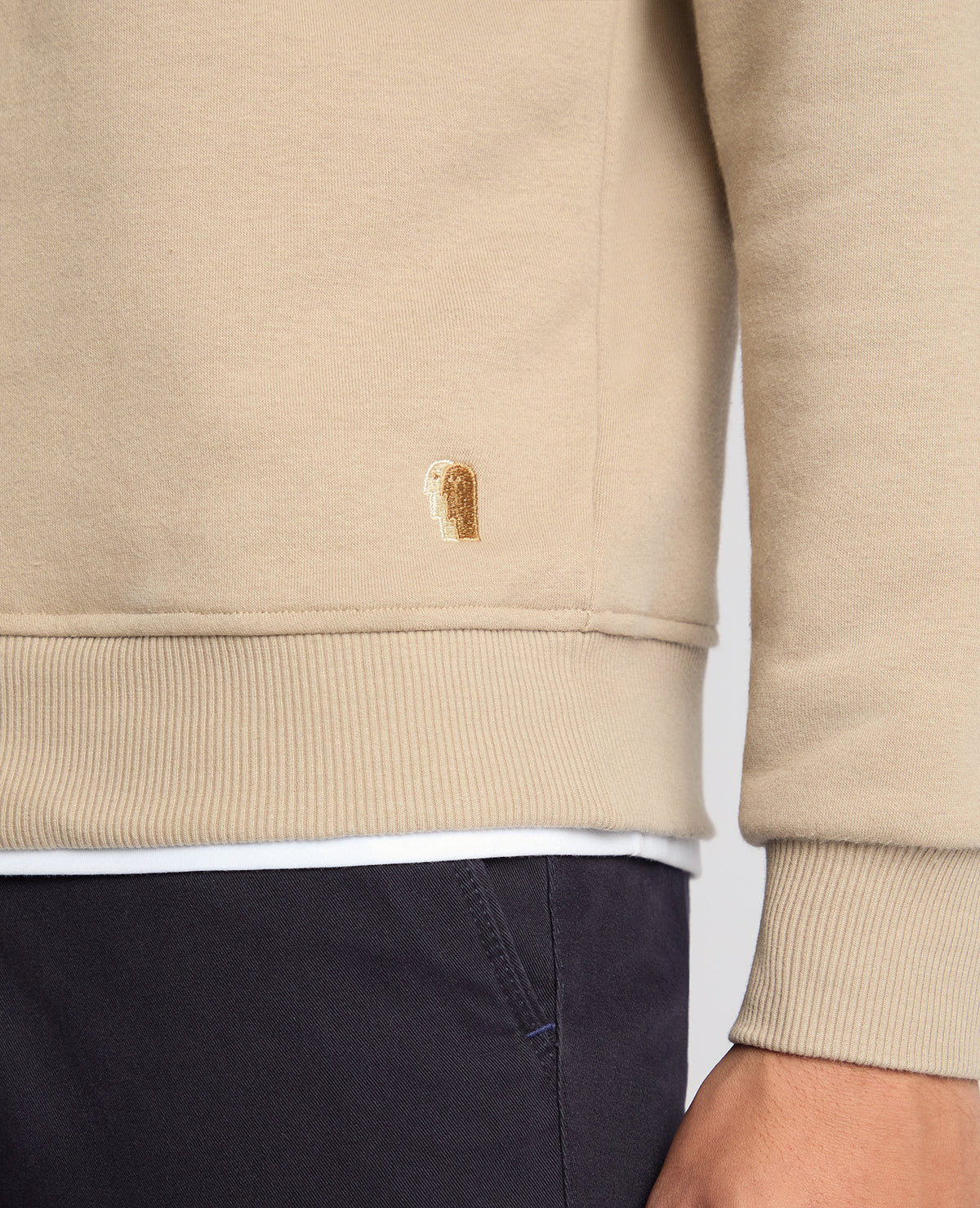 Man wearing a sand Tapered Fit Soft Touch Cotton-Blend Sweatshirt