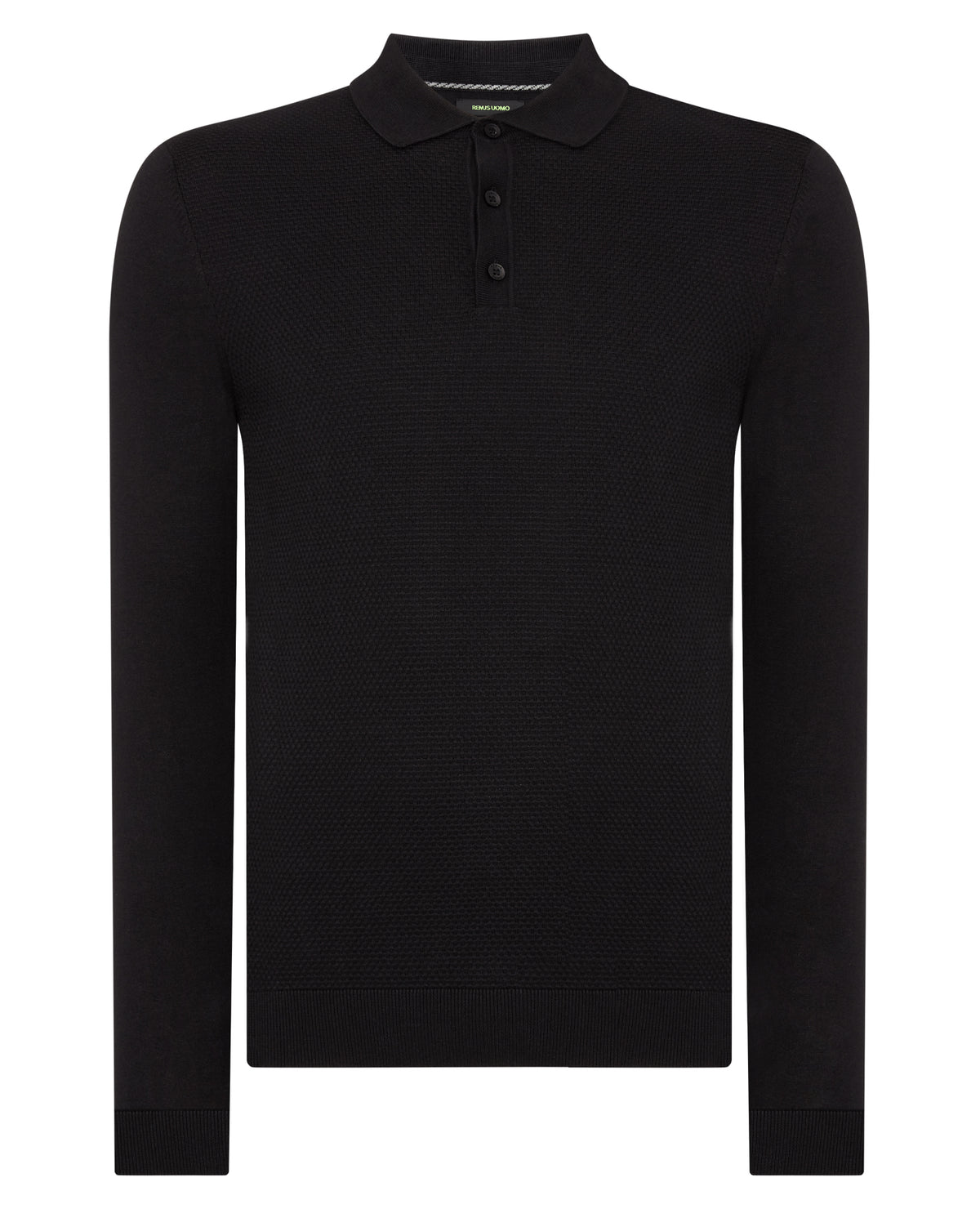 Man wearing a black Cotton Interest Fabric Knit Polo