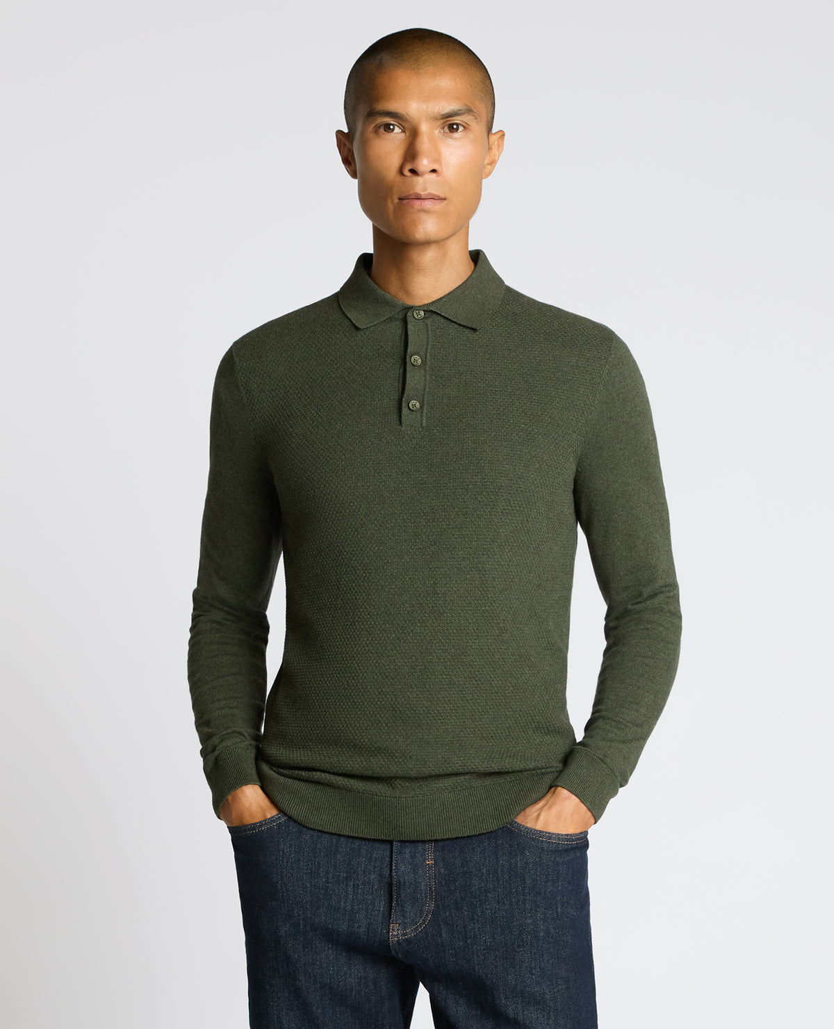 Man wearing a green Cotton Interest Fabric Knit Polo