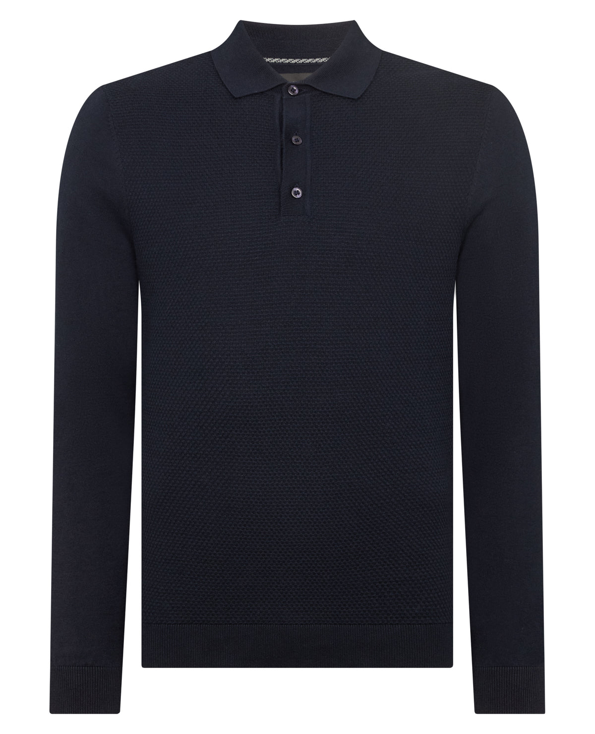 Man wearing a navy Slim Fit Cotton Knitted Polo