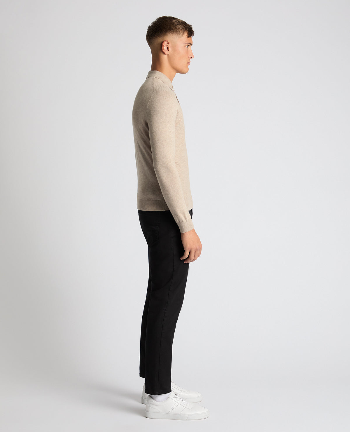 Man wearing a sand Slim Fit Cotton Knitted Polo