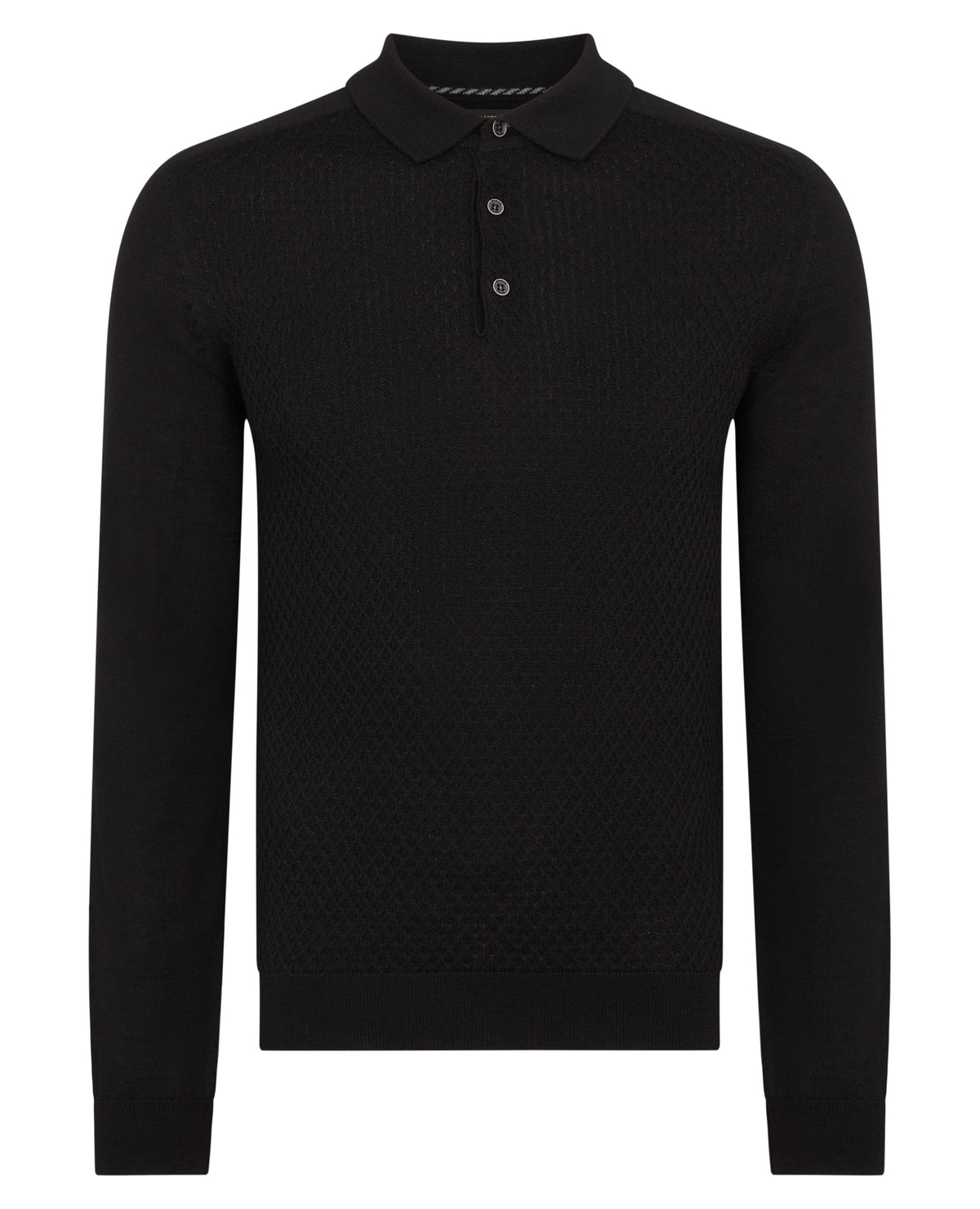 Man wearing a black Slim Fit Merino Wool-Blend Knitted Polo
