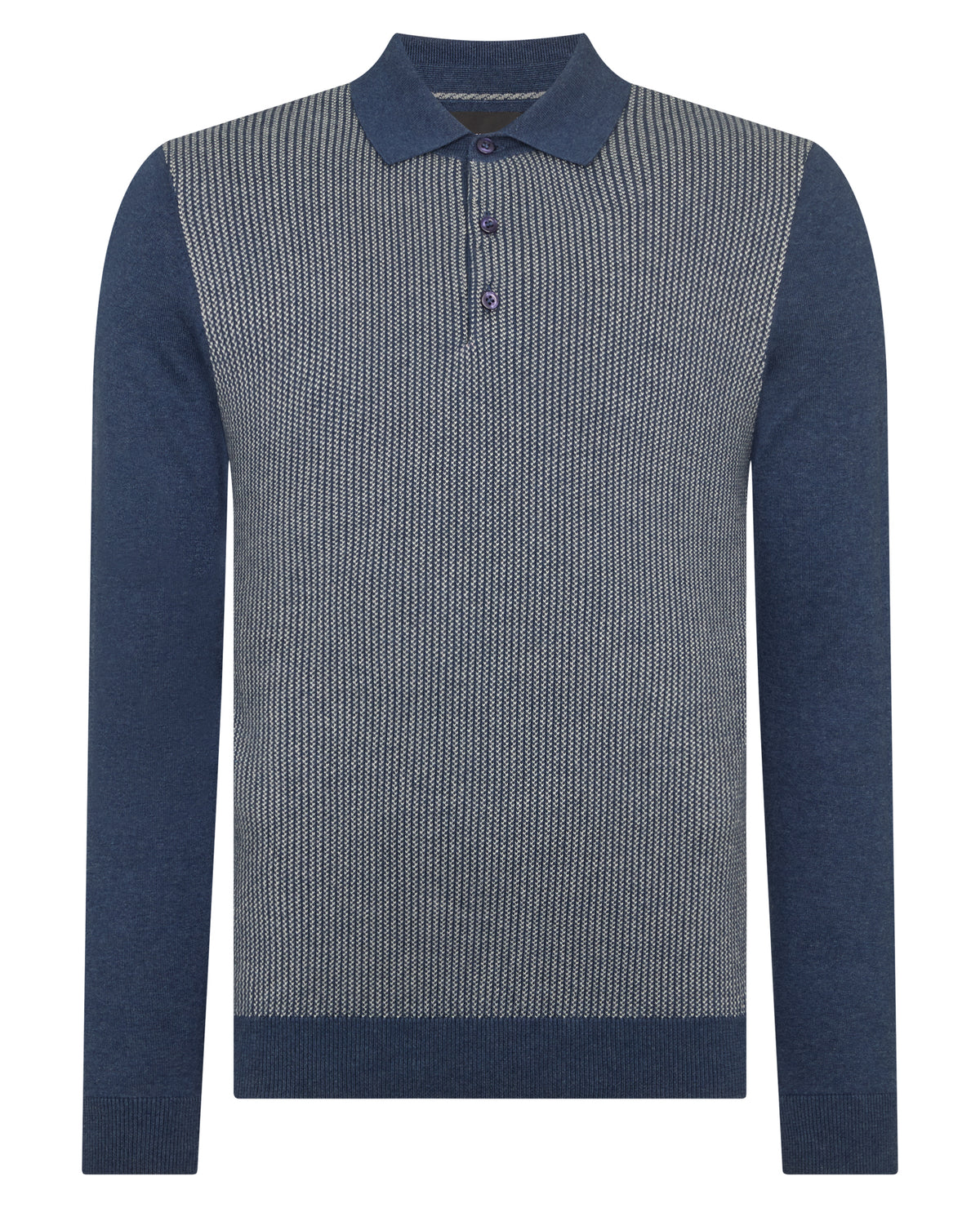 Man wearing a blue Slim Fit Merino Cotton Jacquard Knitted Polo