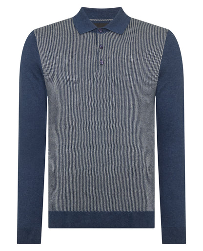 Man wearing a blue Slim Fit Merino Cotton Jacquard Knitted Polo