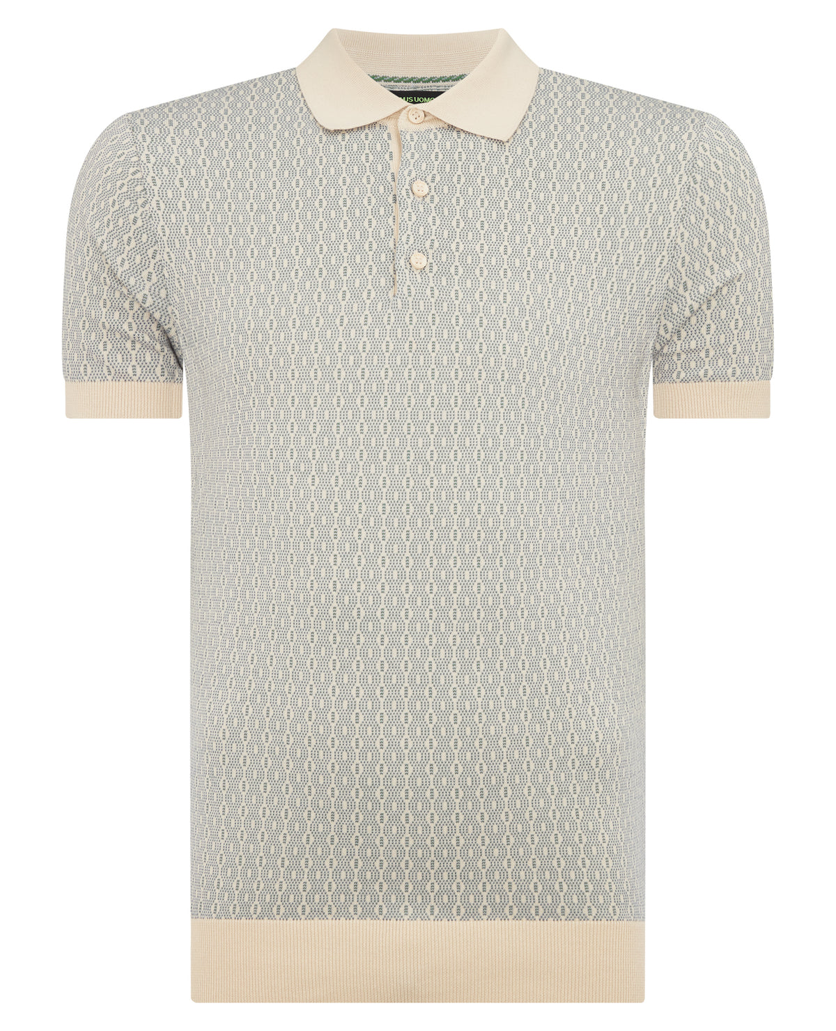 Man wearing a sand Slim Fit Cotton Geometric Polo Shirt