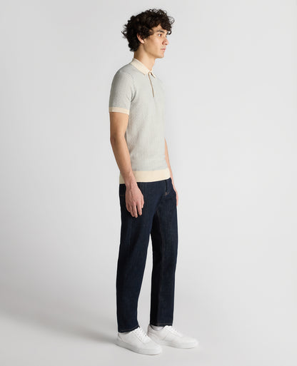 Man wearing a sand Slim Fit Cotton Geometric Polo Shirt
