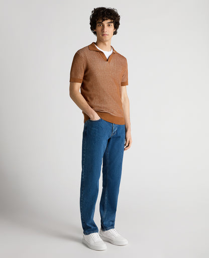 Man wearing a brown Slim Fit Textured Knit Polo