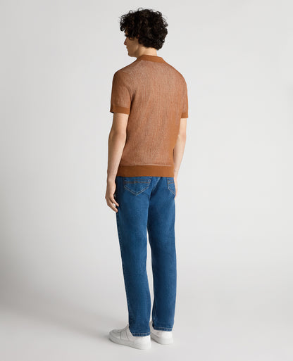 Man wearing a brown Slim Fit Textured Knit Polo