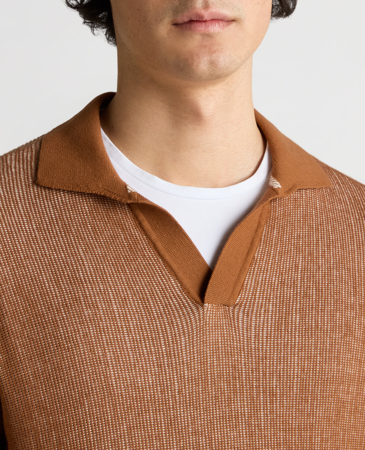 Man wearing a brown Slim Fit Textured Knit Polo