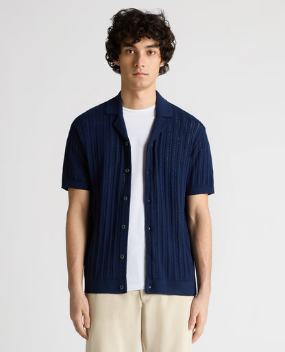 Man wearing a blue Relaxed Fit Cuban Style Shirt