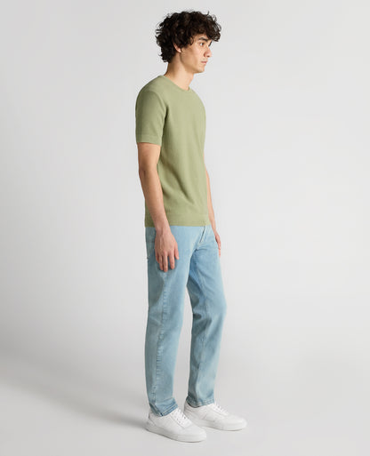 Man wearing a green Slim Fit Wafffle Knitted Tee