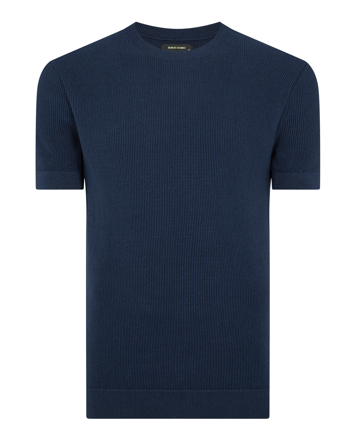Man wearing a navy Slim Fit Wafffle Knitted Tee
