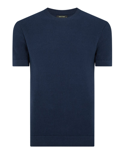 Man wearing a navy Slim Fit Wafffle Knitted Tee