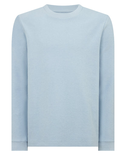 Man wearing a blue Tapered Fit Cotton Micro Waffle Sweatshirt