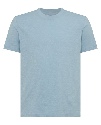 Man wearing a blue Tapered Fit Cotton Crew Neck Tee