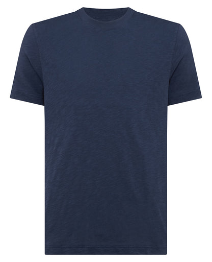 Man wearing a navy Tapered Fit Cotton Crew Neck Tee