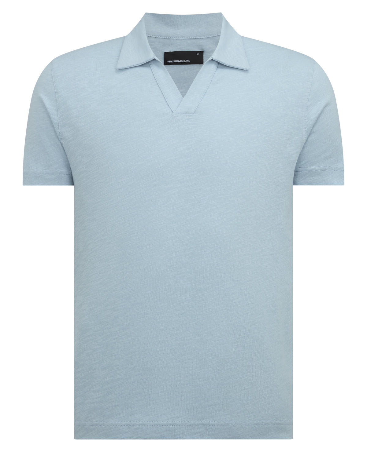Man wearing a blue Tapered Fit Open Collar Cotton Polo