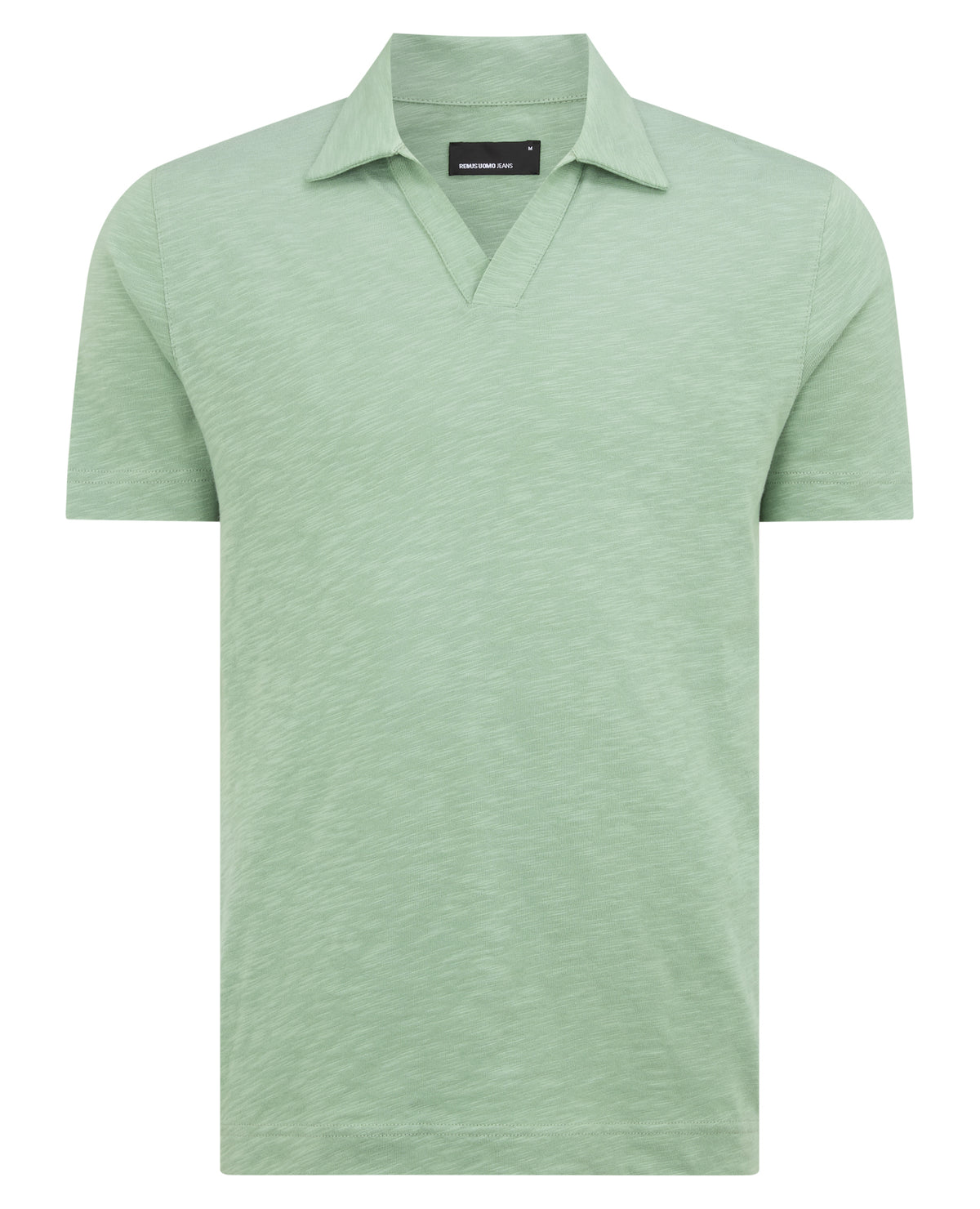 Man wearing a green Tapered Fit Open Collar Cotton Polo