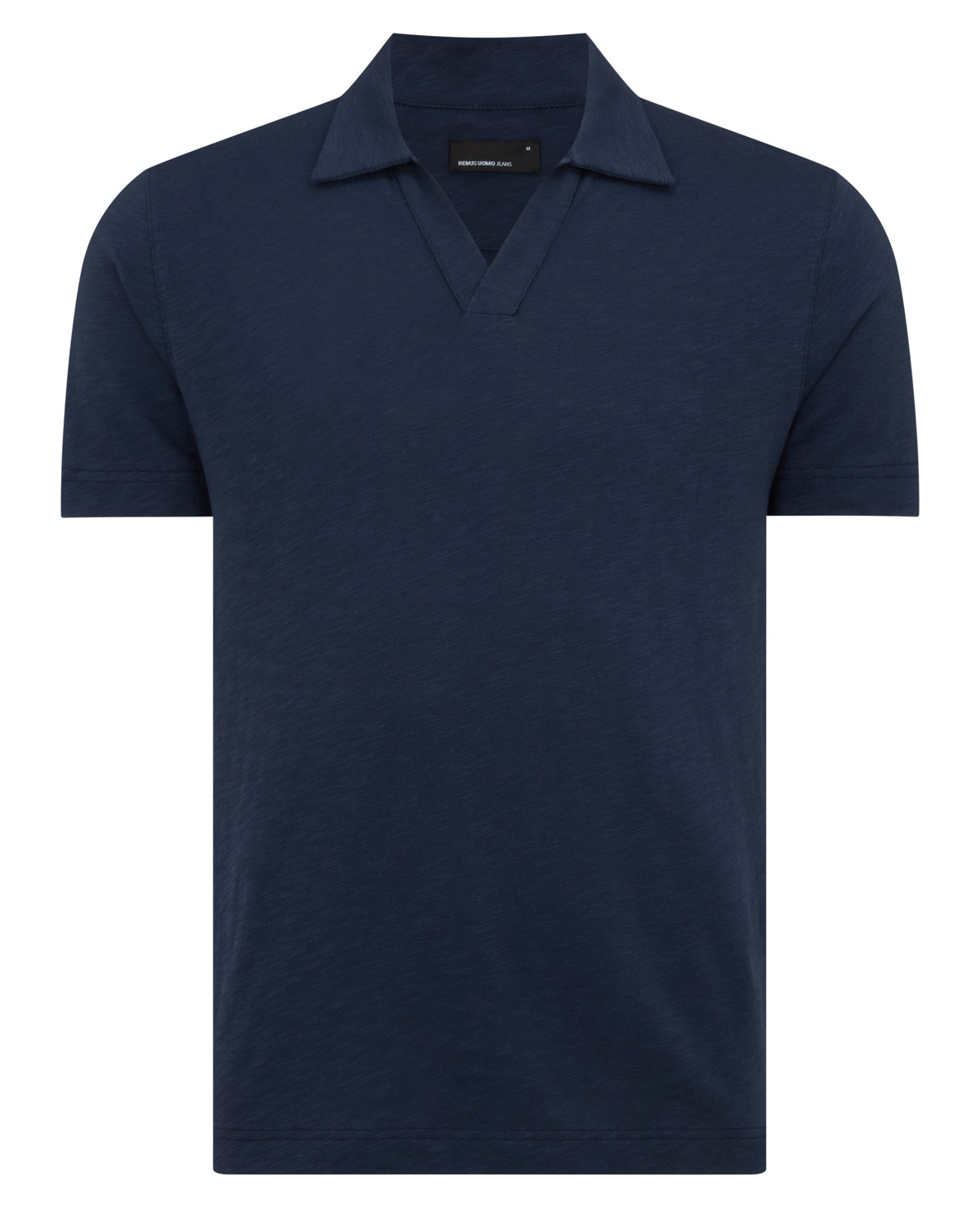 Man wearing a navy Tapered Fit Open Collar Cotton Polo