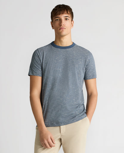 Man wearing a blue Tapered Fit Cotton-Linen T-Shirt