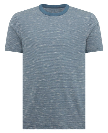 Man wearing a blue Tapered Fit Cotton-Linen T-Shirt