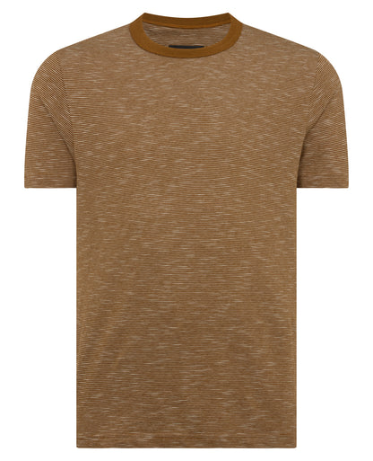 Man wearing a brown Tapered Fit Cotton-Linen T-Shirt