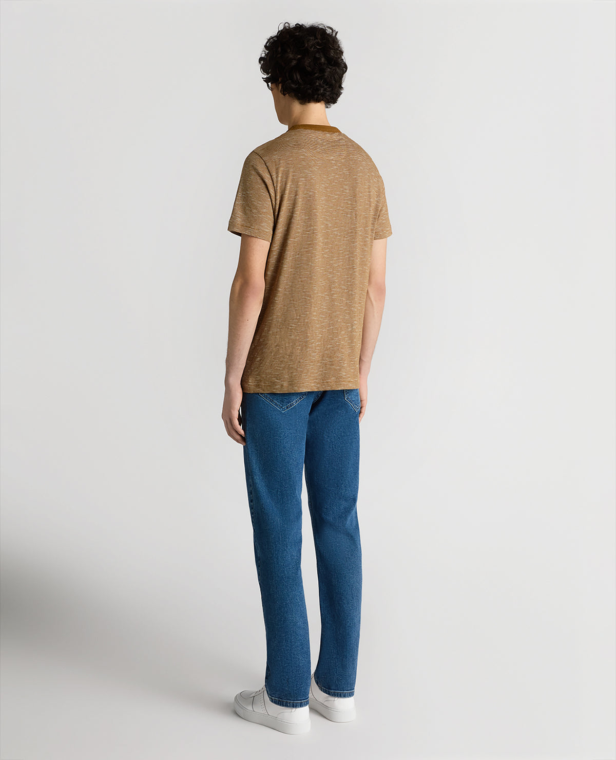Man wearing a brown Tapered Fit Cotton-Linen T-Shirt