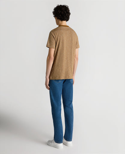 Man wearing a brown Tapered Fit Cotton-Linen T-Shirt