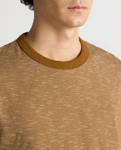 Man wearing a brown Tapered Fit Cotton-Linen T-Shirt