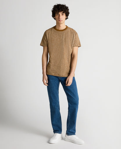 Man wearing a brown Tapered Fit Cotton-Linen T-Shirt