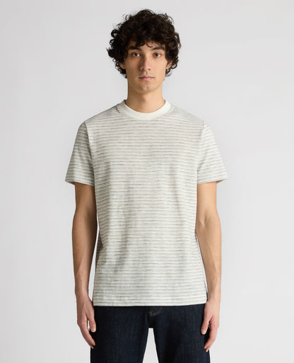 Man wearing a navy Relaxed Fit Cotton Stripe T-Shirt